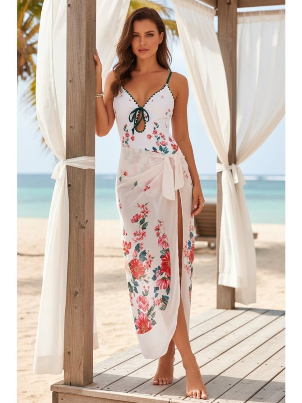 Bow Tie Keyhole One-Piece Swimsuit Matching Swimwear Sarong Wrap Cover Up Set